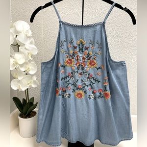 Blue Rain Chambray Floral Embroidery Halter Tank Top NWT